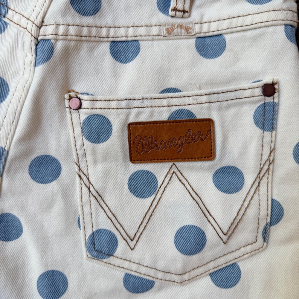 Billabong x Wrangler Polka Dot High Waisted Denim Shorts White Blue 26 - Picture 4 of 7